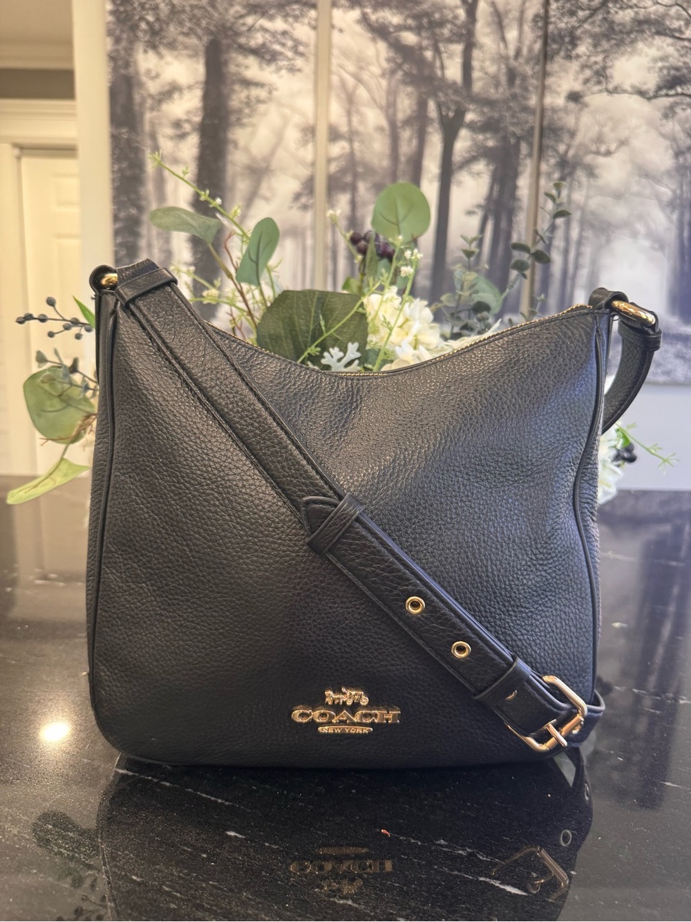Coach Ellie File Bag Black Pebbled Leather Crossbody Gold Hardware